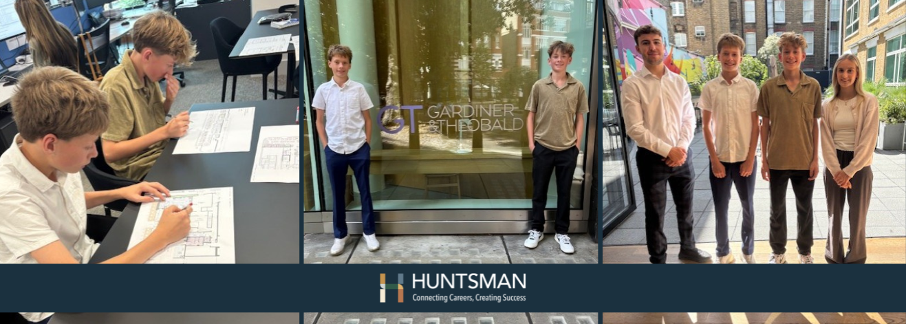 Collage of young people reviewing plans, visiting Gardiner and Theobald, and standing together with Huntsman branding